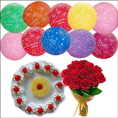 "Pine apple cake- Half KG , 12 Red Roses Bunch, Unblown 10 Balloons - Click here to View more details about this Product